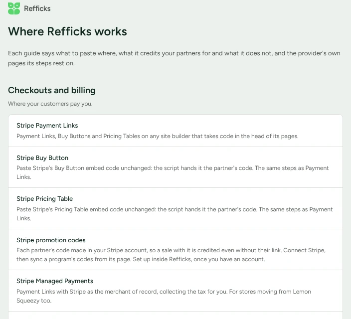 The public Where Refficks works page: Checkouts and billing, with a guide each for Stripe Payment Links, Stripe Buy Button, Stripe Pricing Table, Stripe promotion codes, SamCart and Squarespace Commerce.
