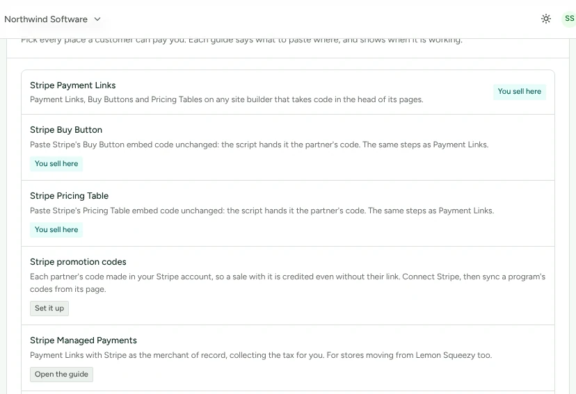 The Where do you sell? list on the Integrations screen: Stripe Payment Links, Buy Button, Pricing Table and promotion codes, SamCart, Squarespace Commerce, each with what it reports and a You sell here or Open the guide button.