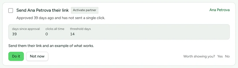 One recommendation from the Needs you list: Send Ana Petrova their link, with the evidence sentence, the figures days since approval 39, clicks all time 0 and threshold days 14, the suggested step, and Do it and Not now buttons.