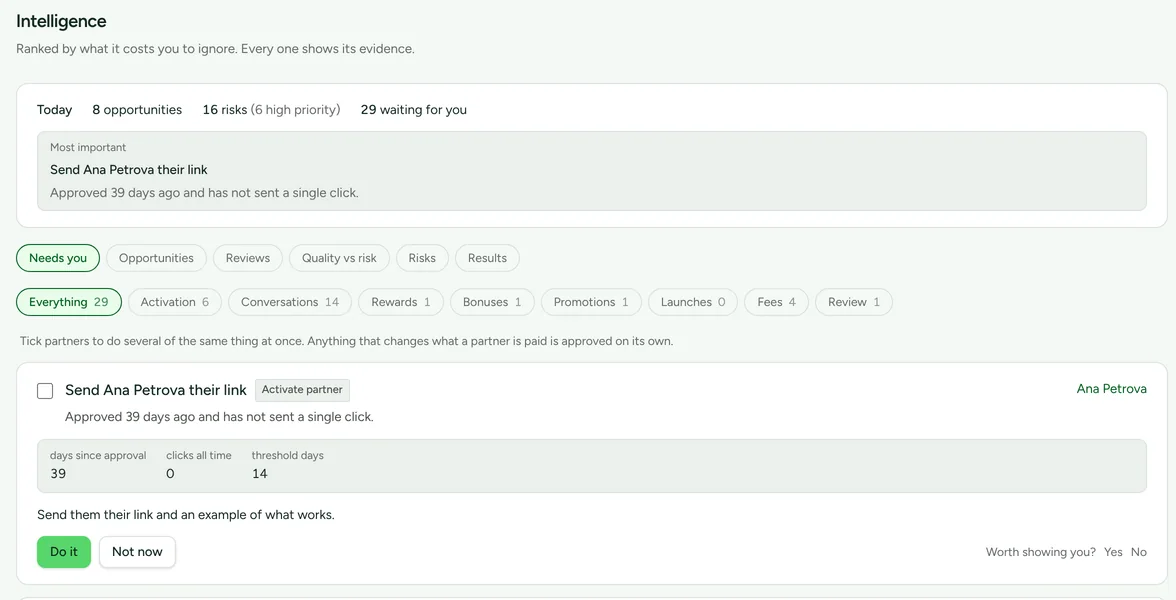 Intelligence screen, Needs you tab: today's count of opportunities, risks and items waiting, then the first recommendation, Send Ana Petrova their link, with its evidence, Approved 39 days ago and has not sent a single click, the figures behind it, and Do it and Not now buttons.