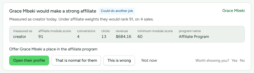 An opportunity: Grace Mbeki would make a strong affiliate, marked Could do another job. Measured as creator today; under affiliate weights they would rank 91 on 4 sales. The figures, the suggested step, and Not now.