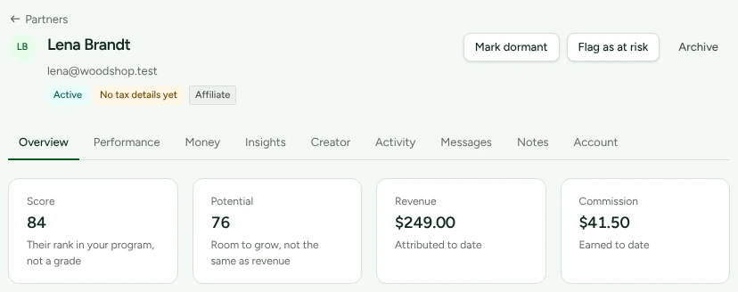 The head of a partner's page: Lena Brandt, Active, Affiliate, then four tiles: Score 84, their rank in your programme, not a grade; Potential 77, room to grow, not the same as revenue; Revenue $249.00 attributed to date; Commission $41.50 earned to date.