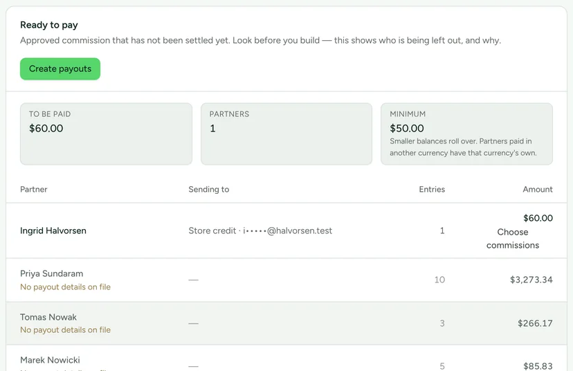 The Ready to pay card on the Payouts screen: the amount to be paid, the number of partners, the minimum, then partners listed with who cannot be paid and why, such as No payout details on file.