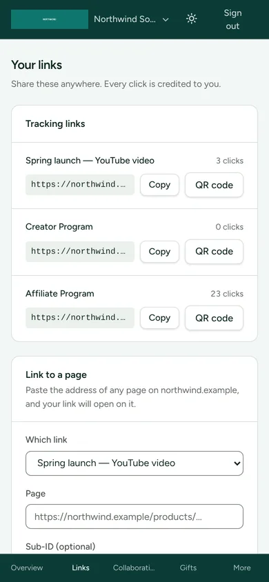 The partner portal's Your links page on a phone: three tracking links with their click counts, Copy and QR code buttons, and a form to make a link to any page.
