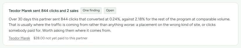 A review finding: Teodor Marek sent 844 clicks and 2 sales, marked One finding and Open, with the evidence, 844 clicks that converted at 0.24% against 2.18% for the rest of the programme, and what that usually means.